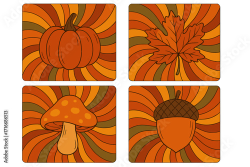 Set of retro fall season elements with pumpkin, maple leaf, mushroom, and acorn on groovy wavy sun rays background in warm autumn colors, vintage 60s 70s psychedelic style vector
