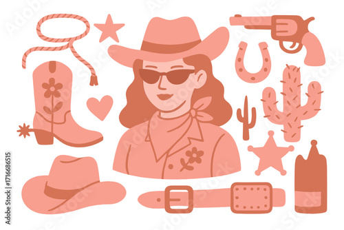 Pink cowgirl western set. Groovy retro 60s 70s wild west icons. Vector flat illustration with cowboy hat, boot, gun, cactus, horseshoe. Girly country aesthetic elements.