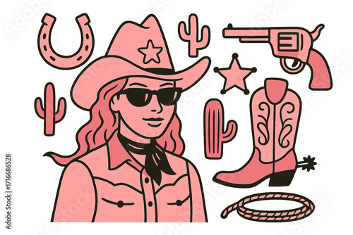 Pink cowgirl western vector objects set. Retro 60s 70s style icons. Woman in cowboy hat, sunglasses. Boot, horseshoe, cactus, gun, lasso. Flat cartoon illustration for print.