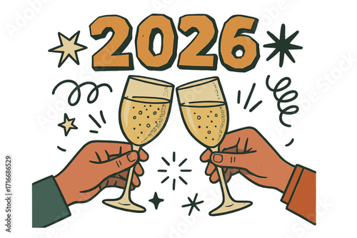 Happy New Year 2026 retro greeting card design. Hands clinking champagne glasses in a toast. Festive holiday party celebration vector illustration in vintage collage art style.