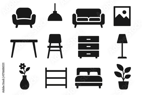 Minimalist home furniture icons. Interior decor silhouettes collection. Vector symbol set for modern design. House furnishing illustration. Sofa, chair, bed, lamp, table, plant.