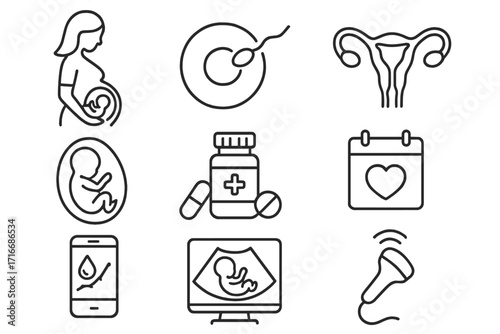 Prenatal fertility care thin line icon set. Editable stroke vector icons for pregnancy, conception, female health, baby development, ivf, ultrasound, ovulation and embryo.