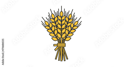 Stylized wheat stalks illustration in golden yellow color with black outline drawing