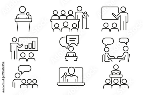 Presentation line icon set. Public speaking, conference, and speech symbols. Editable stroke vector for keynote, webinar, discussion, communication, education, and seminar.