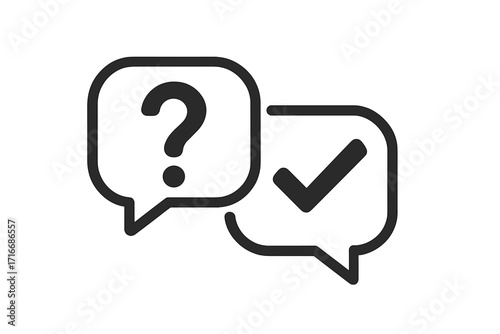 Question and answer speech bubbles icon. QA, FAQ, and customer support concept. Vector graphic for advice, chat service, problem solving, solution, and help. Check mark.