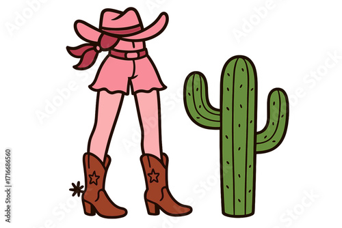 Pink cowgirl outfit with western boots, hat, and shorts next to a desert saguaro cactus. Vector cartoon for country girl and rodeo themes. Wild west fashion graphic element.