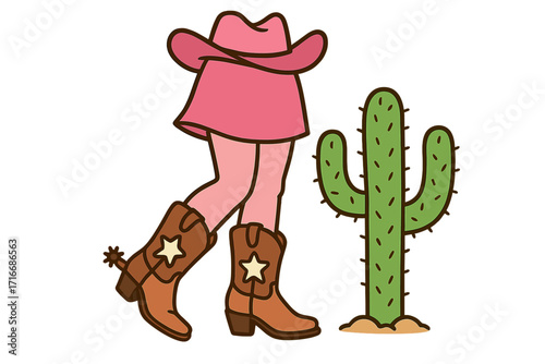 Cowgirl in pink with western boots and hat beside a cactus. Vector cartoon character. Wild West concept. Country, rodeo, Texas, desert, western lifestyle. Southern girl aesthetic.