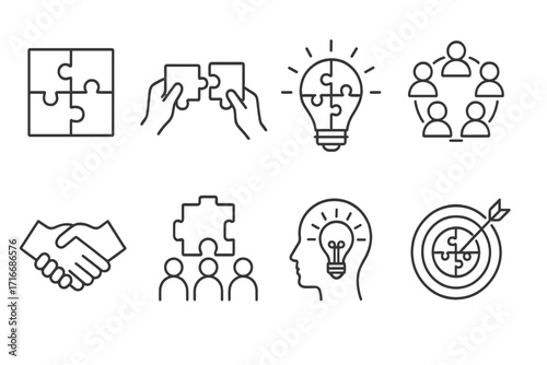 Teamwork and puzzle icon set for collaboration, solution finding, business strategy. Line icons for innovation, ideas, integration, partnership, and achieving shared goals.