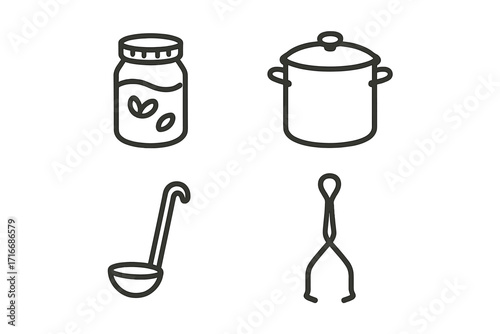 Canning and preserving food icon set. Kitchenware essentials for homemade jam and pickles. Vector line art illustration of a mason jar, pot, ladle, and jar lifter.