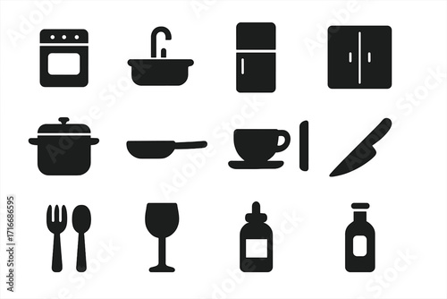 Vector icon set of kitchen and pantry items. Minimalist silhouettes of cooking equipment, furniture, and utensils. Includes stove, fridge, sink, pot, pan, knife, and fork.