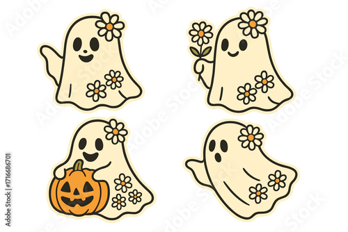 Set of cute Halloween ghosts. Groovy retro characters with daisy flowers and pumpkin. Spooky floral sticker pack in 60s 70s vintage cartoon style. Funny spirit illustration.