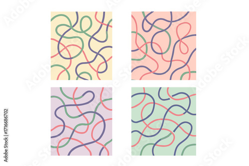 Set of summer abstract covers with smooth organic looping lines, chaotic hand-drawn green pink violet shapes on pastel backgrounds, artistic colorful seamless patterns for banners and design