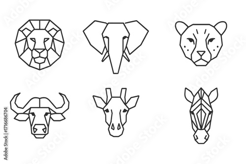 Geometric animal heads icon set of African savanna wildlife. Thin line vector logos of lion, elephant, cheetah, buffalo, giraffe, zebra. Minimalist safari animal symbols collection.