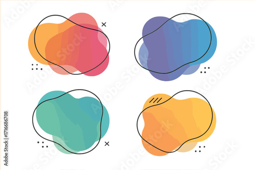 Set of modern organic shapes. Fluid vector trendy elements. Abstract liquid amoeba blobs with colorful gradients. Banners and frames for text. Geometric speech bubbles.