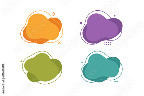 Set of modern organic shapes and fluid vector elements. Abstract liquid banners with frames for text. Trendy colorful gradient blobs. Geometric graphic design background.