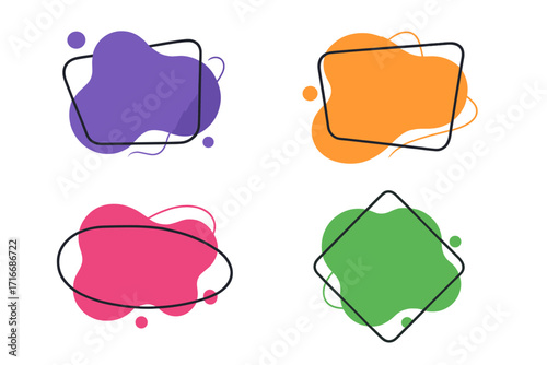 Set of modern organic shapes. Colorful fluid vector elements. Abstract liquid amoeba blobs with geometric frames for text. Trendy graphic templates for banners and speech bubbles.