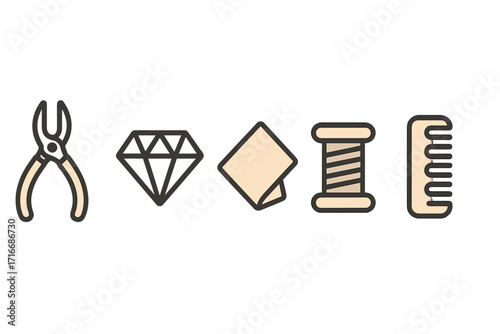 Collection of minimalist craft tool icons for sewing, tailoring and jewelry making. Vector symbols including pliers, diamond, fabric, thread spool and comb for design.
