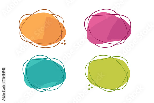 Set of modern organic shapes and fluid vector elements. Abstract template graphics, speech bubbles and banners with frames for text. Colorful amoeba, liquid blob forms with lines.