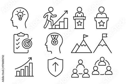Success icon set for personal growth. Thin line editable stroke icons for career goals, leadership, productivity, motivation, achievement, resilience, growth mindset.