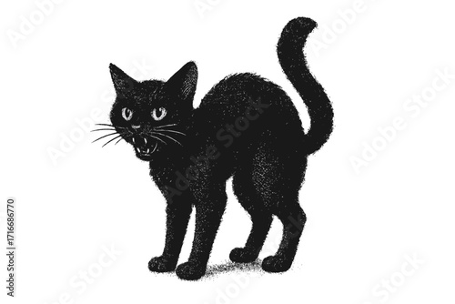 Frightened black cat hissing with arched back. Spooky Halloween character. Vintage, retro texture illustration. Bad luck superstition symbol. Isolated vector silhouette.