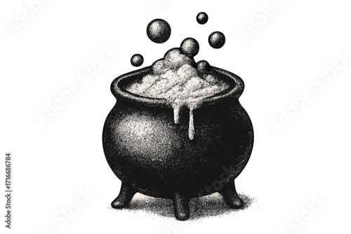 Witch cauldron with boiling potion. Halftone vintage Halloween illustration. Magic brew bubbles. Dotted retro clipart for spooky sorcery design. Occult alchemy symbol.