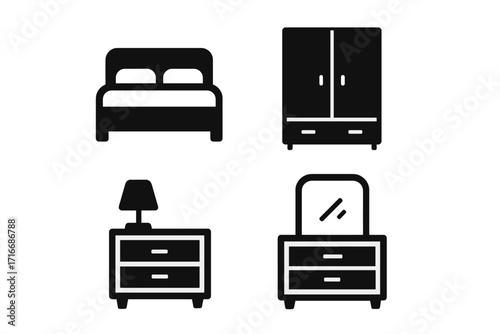 Bedroom furniture icon set. Minimalist black silhouette collection for interior design. Vector glyphs of bed, wardrobe, nightstand, and dresser for home decor concepts.