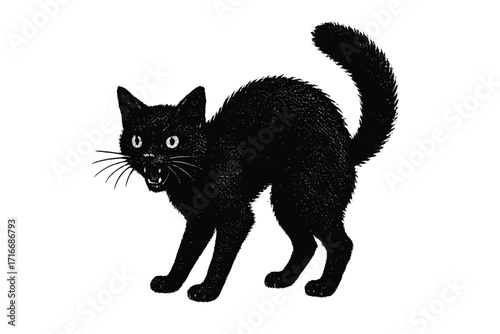 Scary black cat with arched back. Hissing angry kitten. Halloween symbol of superstition, witchcraft and bad luck. Spooky feline pet. Vintage halftone vector illustration.
