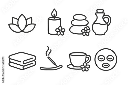 Spa and wellness line icon set. Vector symbols for beauty salon, relaxation, massage, aromatherapy. Minimalist outline graphics of lotus, candle, hot stones, oil, and face mask.