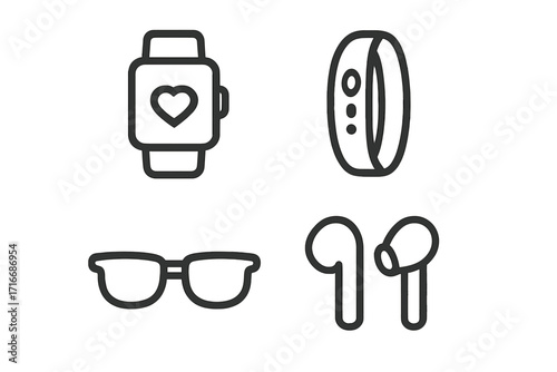 Wearable technology icon set. Minimalist line art vector. Smartwatch with heart symbol for health. Fitness tracker band. Smart glasses. Wireless earbuds for audio. Digital gadget.