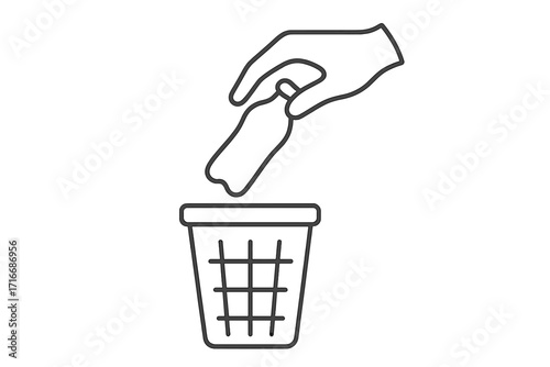 Hand throwing plastic bottle in trash bin line icon. Recycle for waste disposal. Sorting garbage for environment. Concept of pollution and ecology. Vector outline illustration.