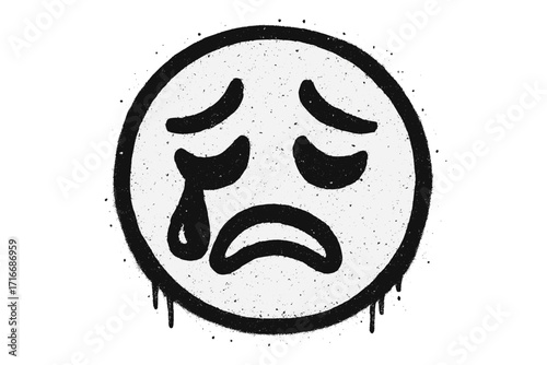 Graffiti crying emoji with tear. Sad face emoticon. Spray paint street art icon. Stencil urban illustration. Concept of depression, sadness, pain, mental health problem.