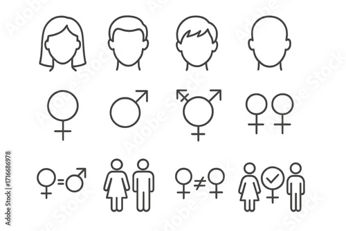 Gender identity and sexual orientation thin line vector icon set. People head avatars, male, female, transgender symbols. Lgbtq community, equality and diversity concepts.