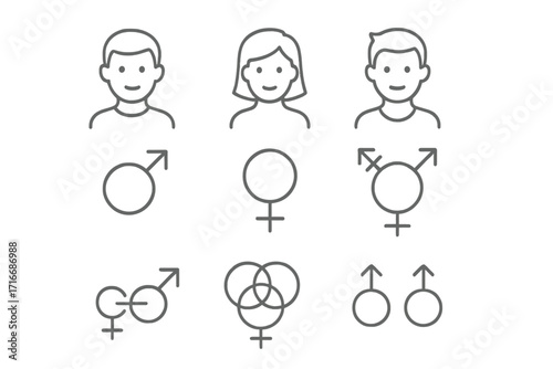 Gender identity thin line icon set. Sexual orientation vector signs and symbols. Male, female, transgender person avatar. Lgbtq, gay, bisexual, heterosexual equality concept.