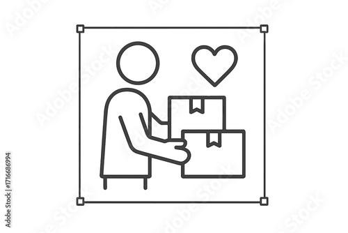 Volunteer donating boxes for charity. Thin line icon for community help, altruism, and humanitarian aid. Concept of giving, support, and love. Vector illustration.