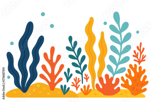 Summer card design with ocean abstract organic shapes, underwater plants, colorful algae, seaweed, and vibrant coral reef in naive flat vector style, tropical marine life background