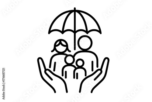 Family protection icon with hands and umbrella. Concept of insurance, safety, security, care. Parents and children vector. Life and health assurance symbol for welfare.