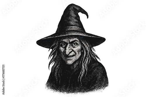 Vintage witch portrait in hat for Halloween. Halftone dotted realistic clipart with offset texture. Retro 90s grunge style vector art. Spooky sorceress character design.