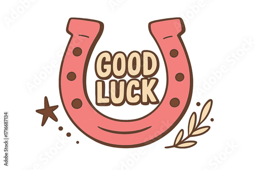 Good luck lettering inside a pink horseshoe. Retro western cowboy theme with a cowgirl vibe. Hand-drawn wild west graphic. Vintage Texas aesthetic vector illustration.