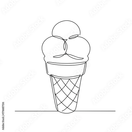 Ice cream cone with two scoops in minimal line art style  