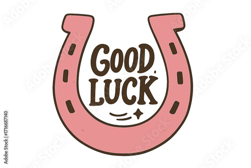 Good Luck horseshoe vector illustration. Pink cowgirl and cowboy western theme design. Retro wild west, texas lucky charm symbol. Hand drawn trendy american aesthetic graphic.