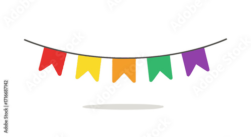 Festive bunting decoration with colorful flags hanging on a black string over white background