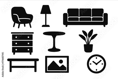 Modern furniture and home decor icon set. Black silhouette vector illustration of interior design elements. Living room essentials like sofa, chair, lamp, table, and clock.