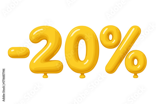 20 percent off sale banner. 3D yellow balloon number for promotion and advertising. Glossy plastic text effect for discount. Special offer marketing vector illustration.