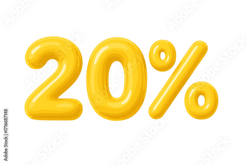 20 percent off sale discount promotion. 3D yellow balloon number typography. Glossy plastic font for marketing and advertising. Special offer price tag rendered illustration.