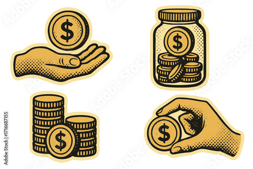 Vintage style dotted halftone collage with coins, financial planning and payment concept, saving money and earning, retro paper cutout vector cartoon design, economy and finance illustration