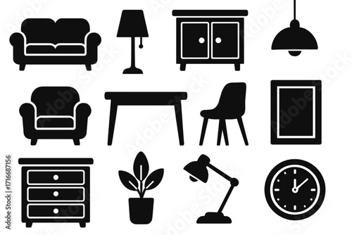 Modern furniture and home decor silhouette icon set. Vector glyph collection for interior design elements. Includes sofa, chair, table, lamp, and other house essentials.