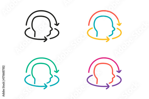 360 degree view icon set. Virtual reality and augmented reality concept. Head profile with circular arrows for panoramic vision. Immersive experience symbol for metaverse.