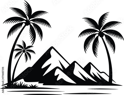 Tropical Island Mountain Scene Illustration Isolated Vector Art on Transparent