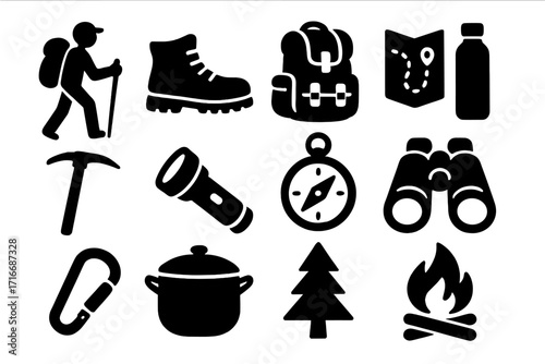 Outdoor adventure icons set with hiking gear and equipment silhouette collection, camping tools and nature elements vector illustration, travel and exploration symbols