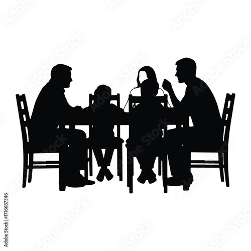 Family gathered around table gathering chairs